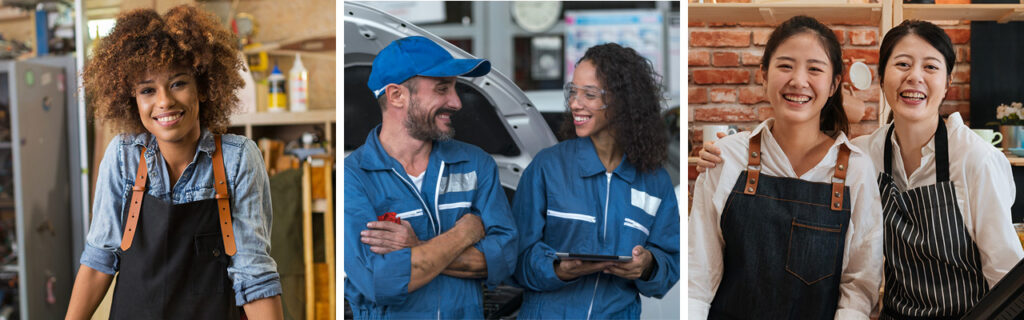 people laughing in work clothes